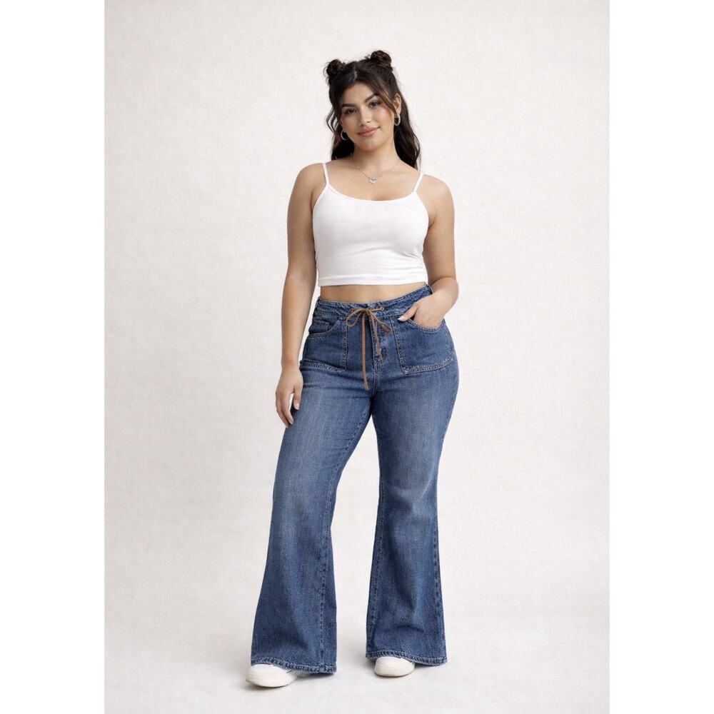 Y2K LEI Lace Up Flare Jeans 34x31 Low Rise Boho 100% Cotton Vintage